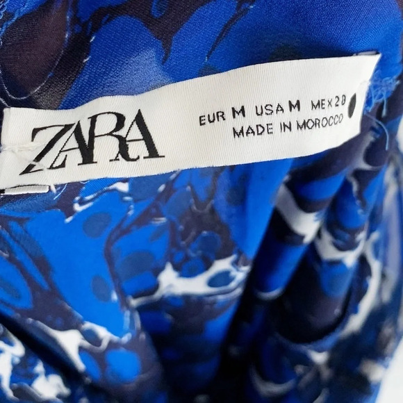 Zara Printed Blouse with Bow Semi-sheer Blue Sz Medium - Picture 5 of 6